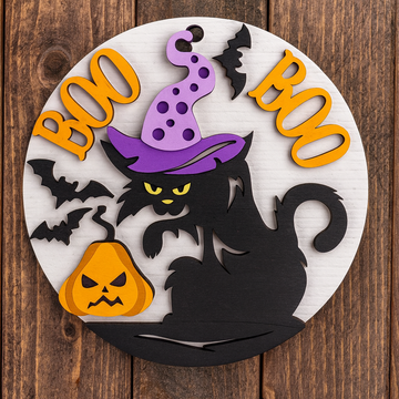 Boo! Black Cat Halloween Door Sign