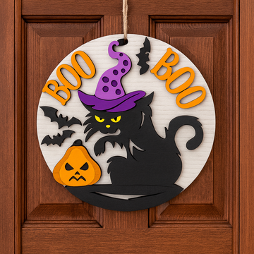 Boo! Black Cat Halloween Door Sign