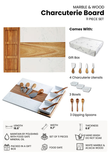 Marble & Acacia Wood Charcuterie Board – 11 Piece Gift Set