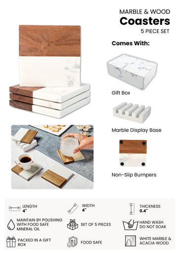 Marble & Acacia Wood Coasters – 5 Piece Gift Set